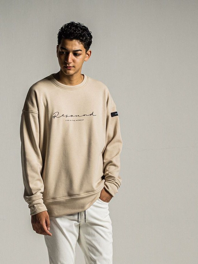 《予約9月1日18時締め》 handwriting rogo  velours fleece drop trainer  / ルーズトレーナー / ベージュ