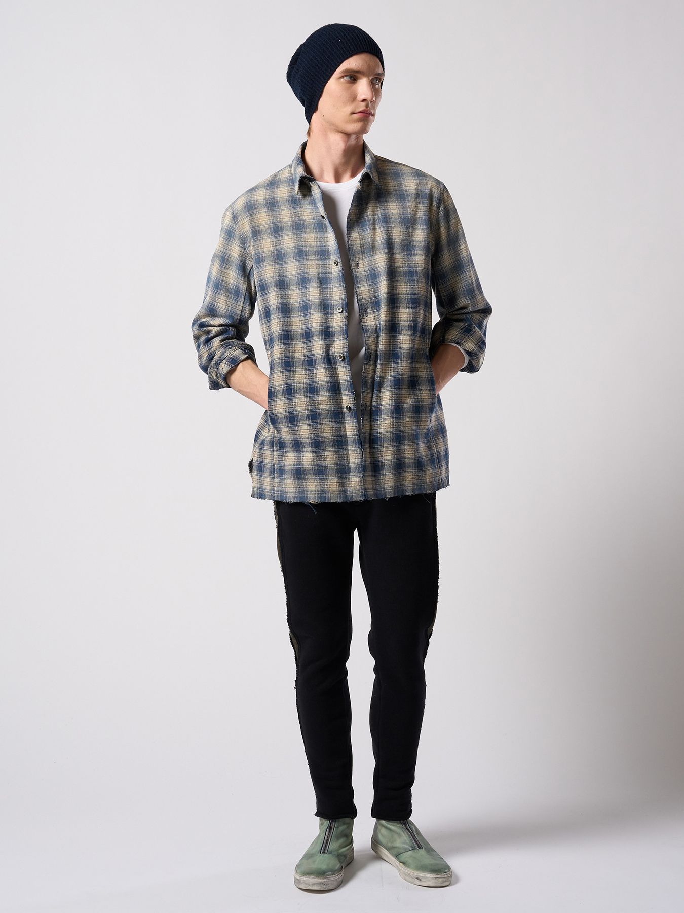 【予約品 4月19日(日) 18時締切】aging loose check shirt / エイジング ルーズ チェックシャツ / フェードブルー
