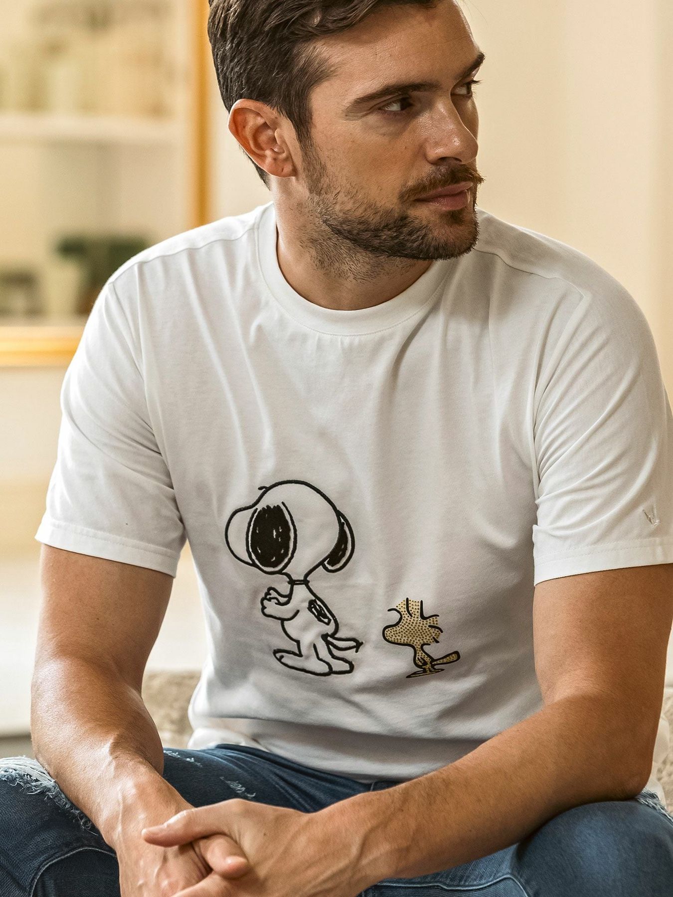《スヌーピー コラボ》ラインストーン SNOOPY & WOODSTOCK 半袖Tシャツ / ホワイト【PEANUTS × 1PIU1UGUALE3 RELAX】