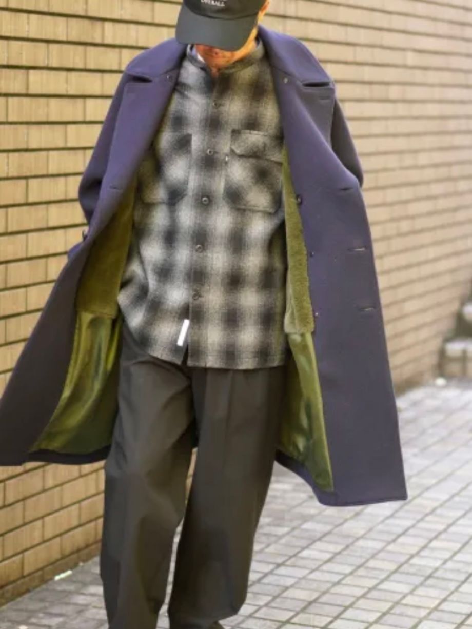 ウールモッサダブルオーバーコート NAVY 裏地ボアファー