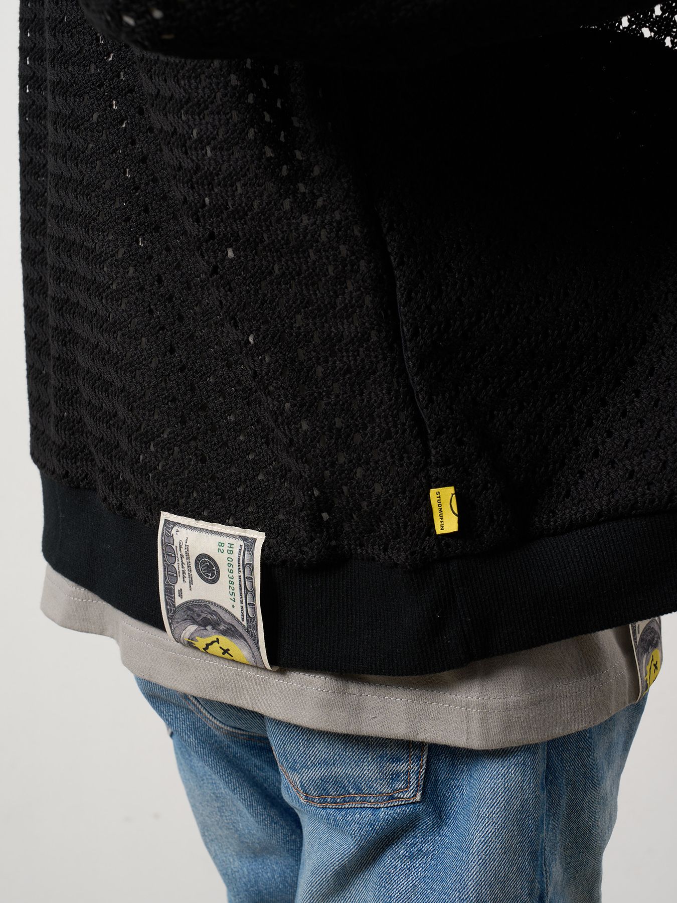 【予約品 10月16日(木) 締切】コットンラッセルメッシュ ハンドニット ワッペン ビッグジップブルゾン / ブラック