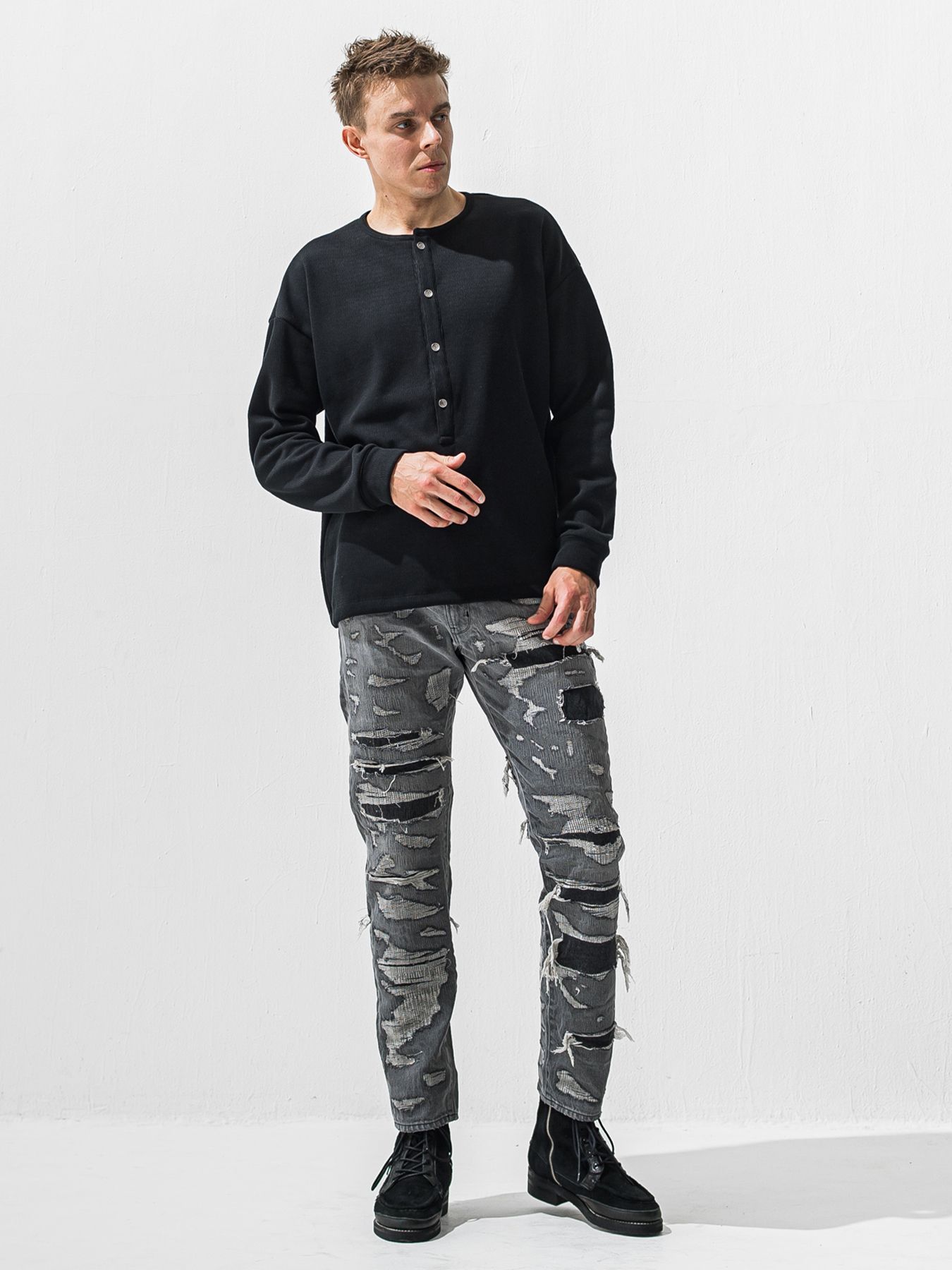 【予約品 9月6日(日) 締切】OVER HENRY VELOURS FLEECE THERMAL / 裏起毛 ハニカムサーマル オーバーサイズヘンリーネック / ブラック
