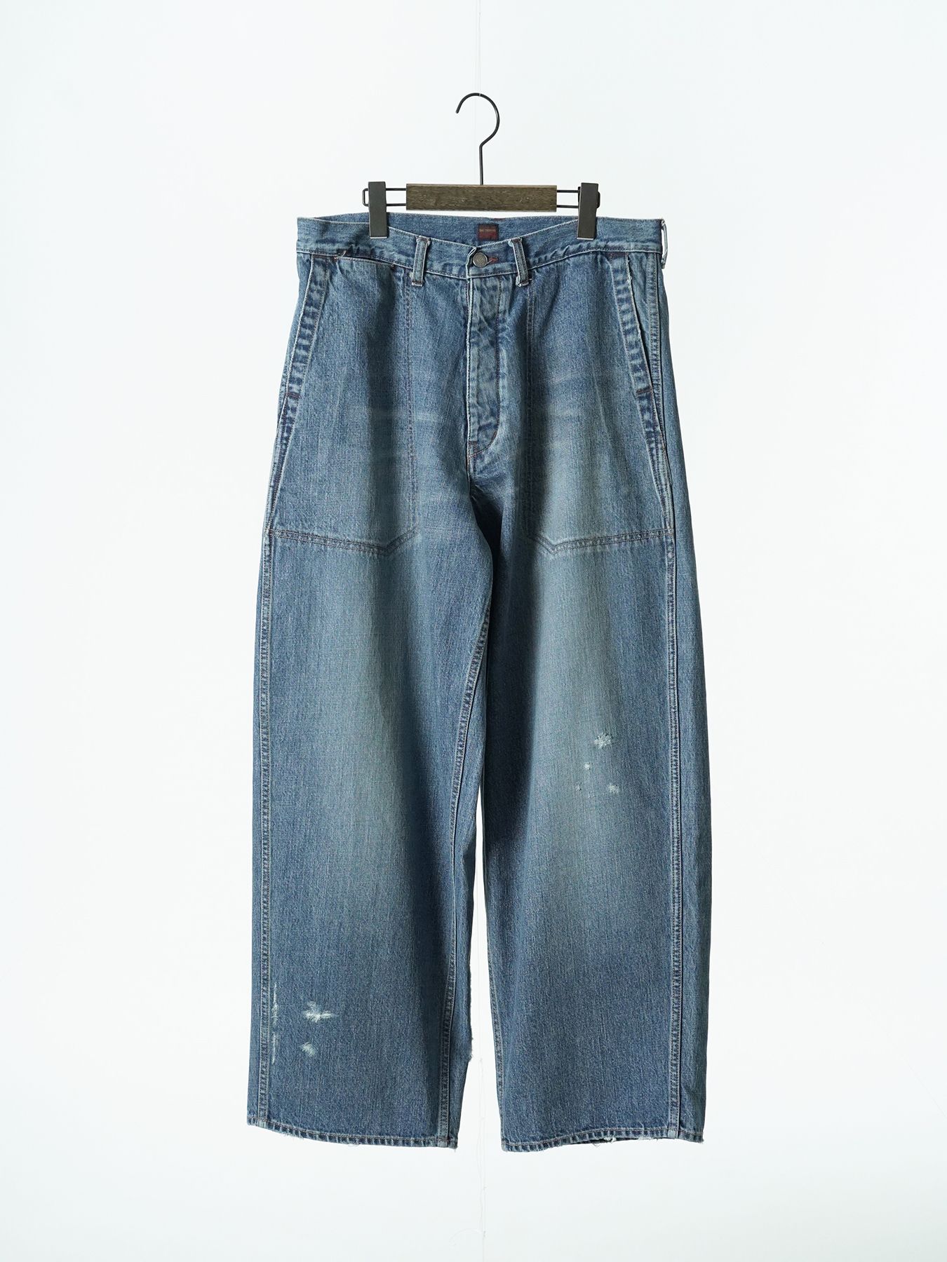 【予約品 5月6日(水) 締切】USN-DENIMTROUSERS damage / ダメージ加工 デニムミリタリーパンツ / インディゴ × 金茶ステッチ 淡
