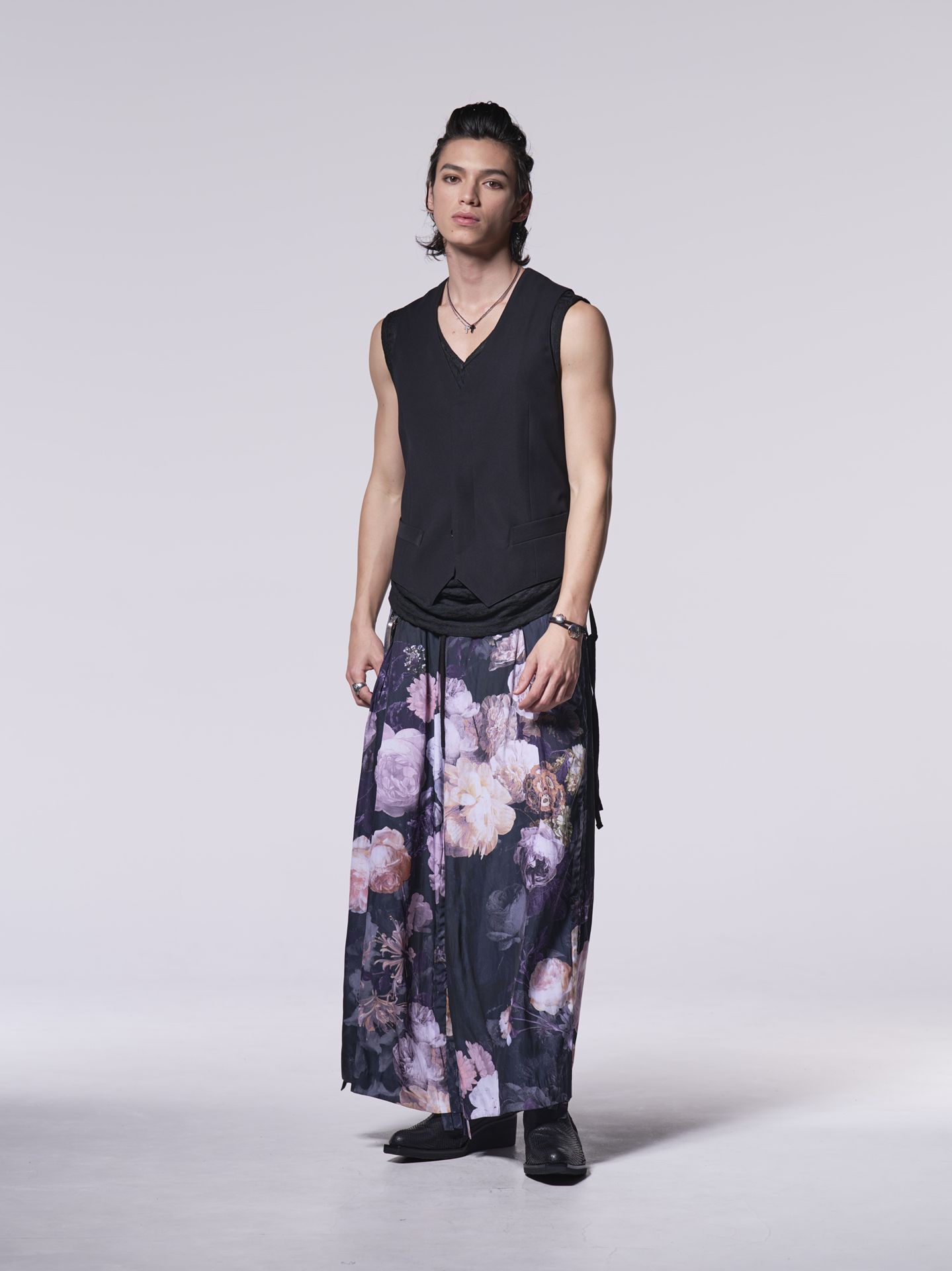 《予約品》 SharringWideTuckSlacks / ワイドタックスラックス / ブラック・フローラ柄