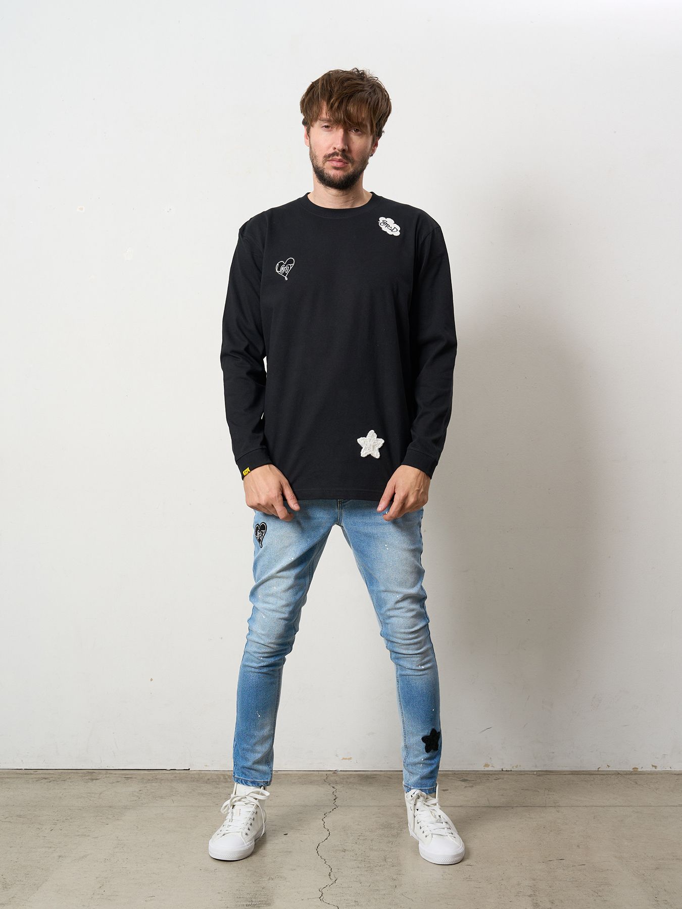 【予約品 5月8日(木) AM10時 締切】 5.6ozコットン天竺 CREATE YOUR OWN LUCK&マルチパッチワーク LS Tシャツ / ブラック