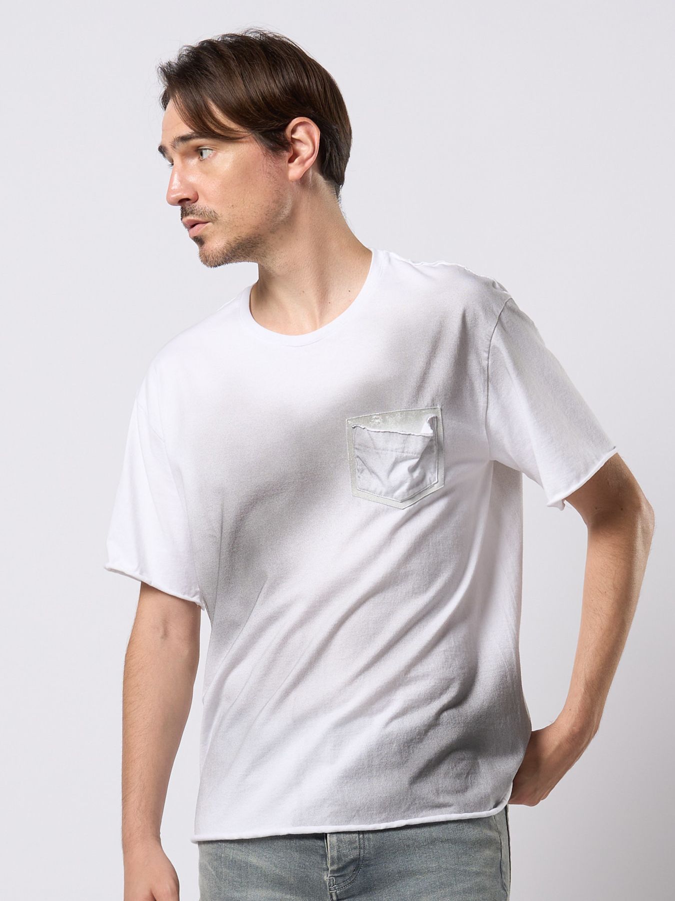 【予約品 9月23日(火) 締切】spray dye leather pocket-T / スプレーダイ レザーポケットTシャツ / ホワイト×ブラック