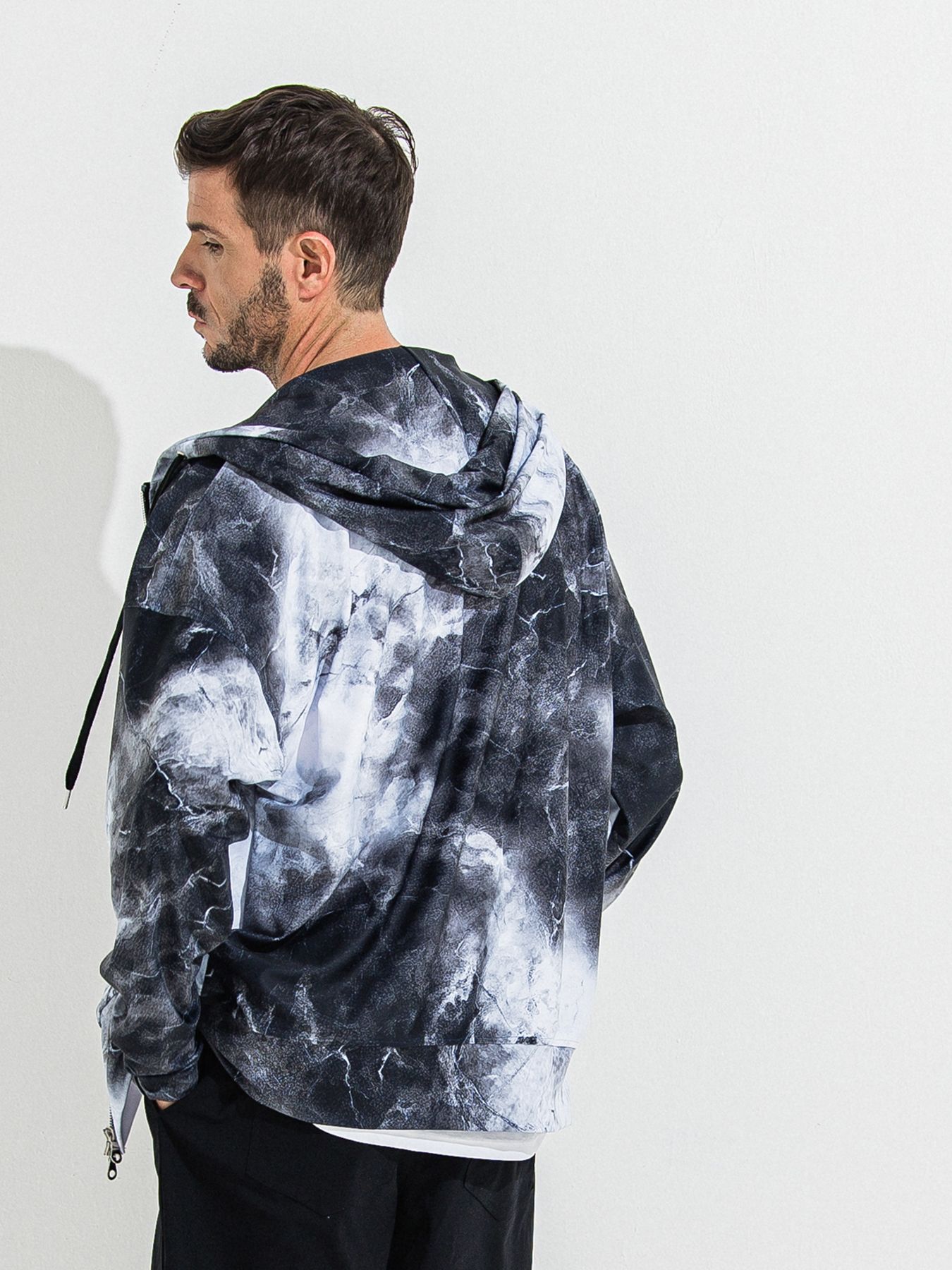 【予約品 】RASH OVER ZIPUP HOODIE / ラッシュガード オーバーサイズジップアップパーカー / マーブルブラック
