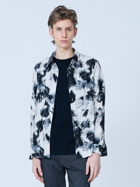 【フラワー柄】長袖 プリント ストレッチシャツ