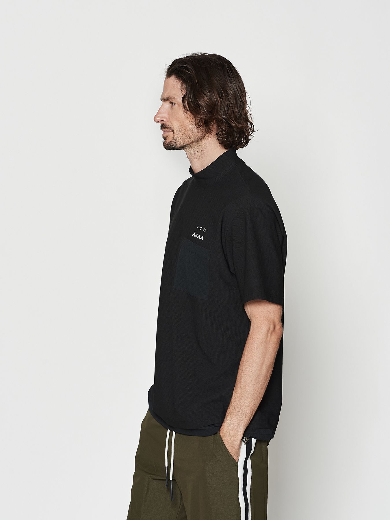 【予約品 10月9日(木) 締切】muta Mesh Mockneck S-S Top / モックネックTシャツ / ブラック【Acanthus × muta MARINE】