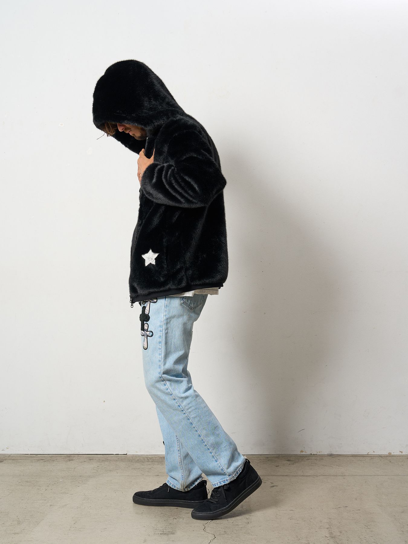 【予約品 】 ECOファー マルチパッチワークビックジップワイドパーカー / ブラック