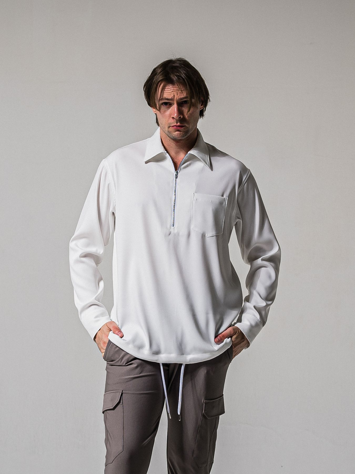 【予約品 11月16日(日) 締切】PULL OVER SATIN SHIRT / ジッププルオーバー サテンシャツ / ホワイト