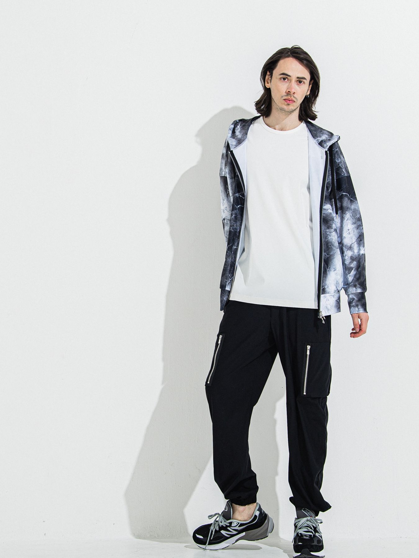 【予約品 】RASH OVER ZIPUP HOODIE / ラッシュガード オーバーサイズジップアップパーカー / マーブルブラック