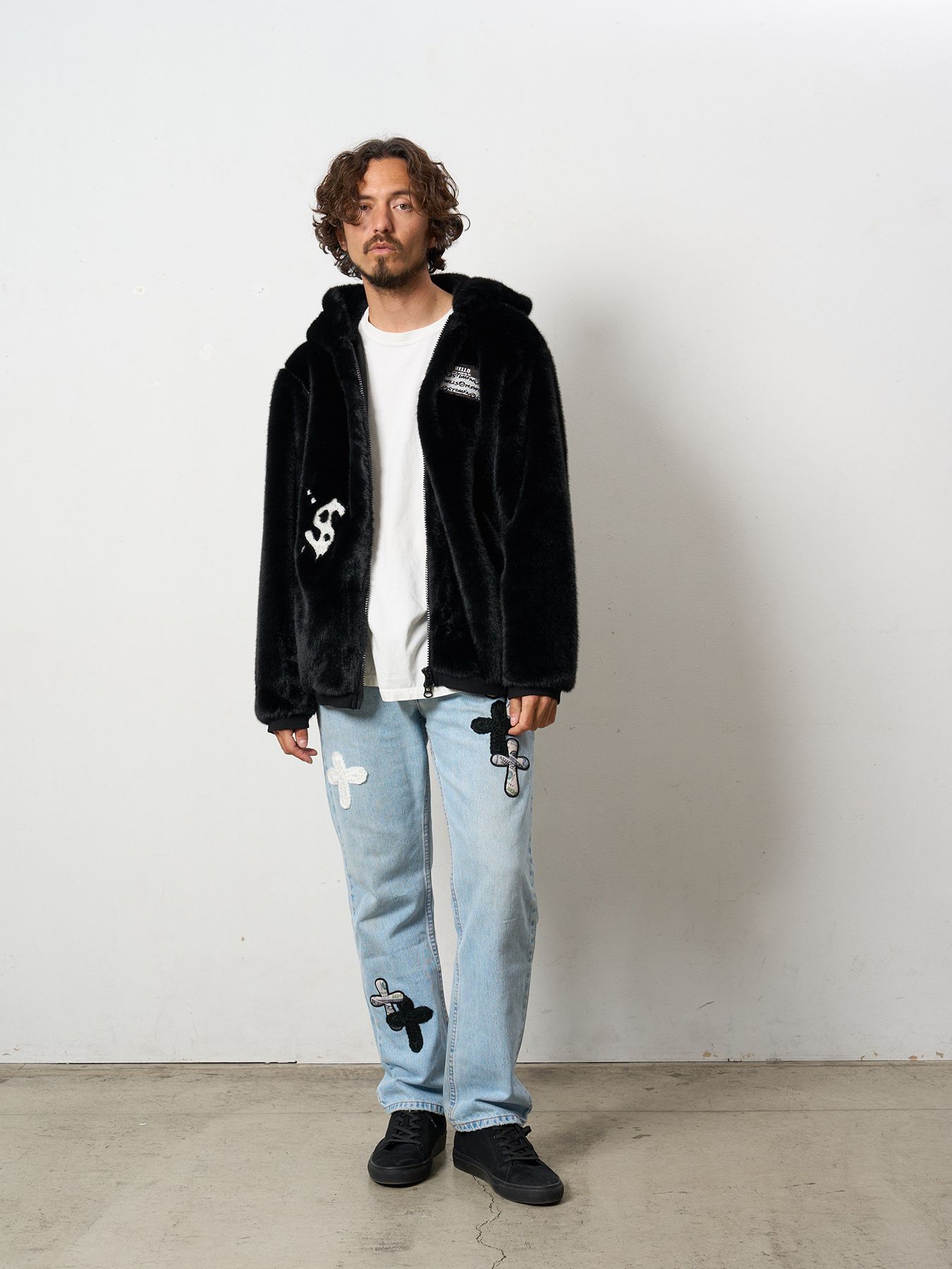 【予約品 】 ECOファー マルチパッチワークビックジップワイドパーカー / ブラック