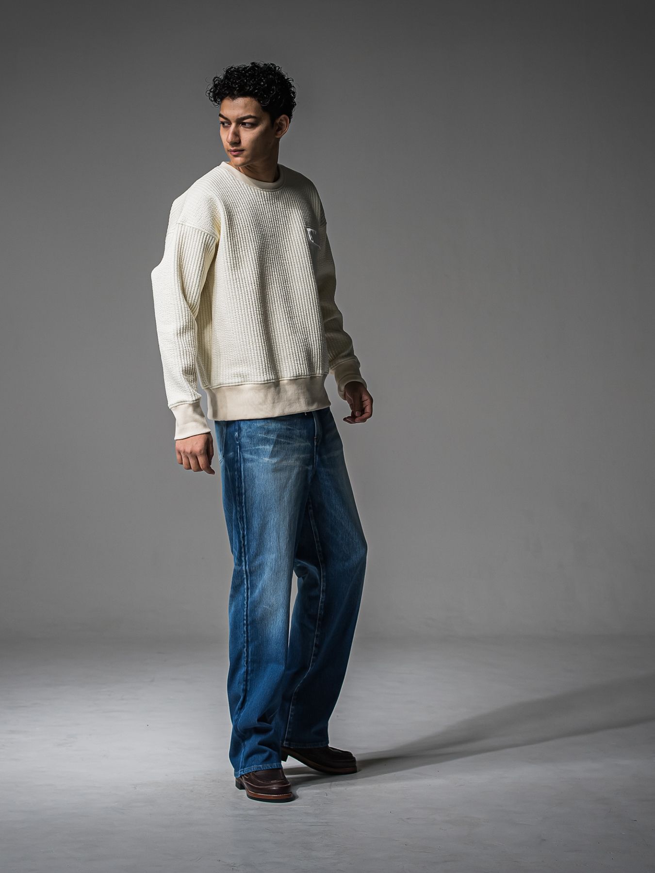 【予約品 】STRIPE QUILTING DROP TRAINER / ストライプキルティング ルーズトレーナー / オフ
