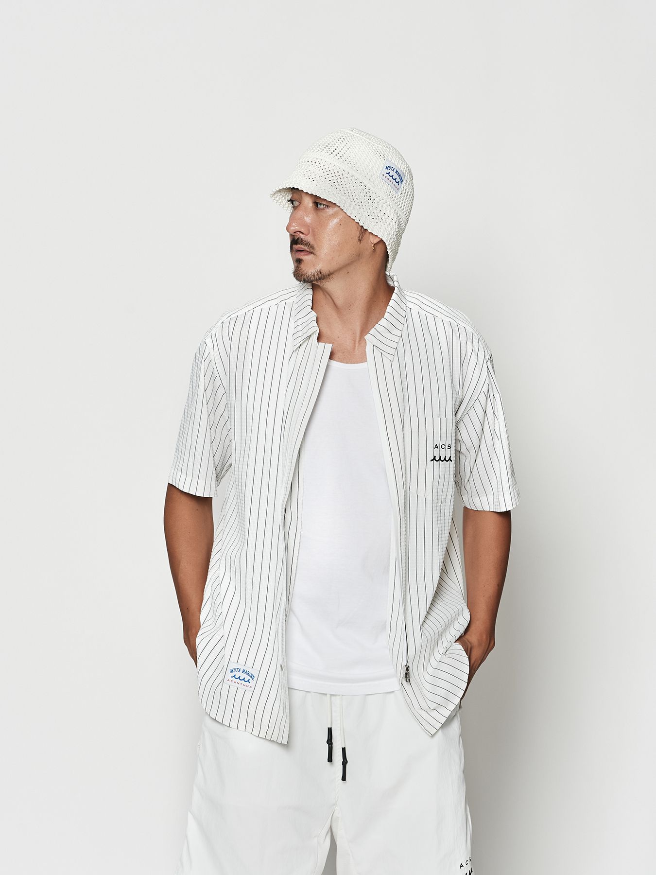 【予約品 10月9日(木) 締切】muta Dot Air(R) Zip Up S-S Shirt / ZIP半袖シャツ / ホワイトストライプ【Acanthus × muta MARINE】