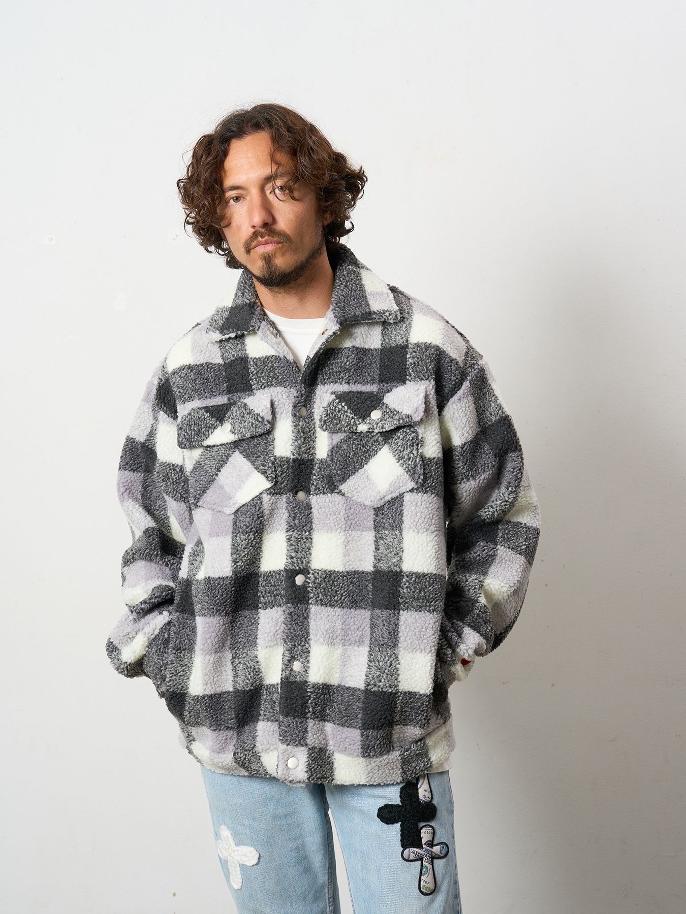 【予約品 】 ブロックチェックムックボア サガラパッチワークブルゾン / M.グレー