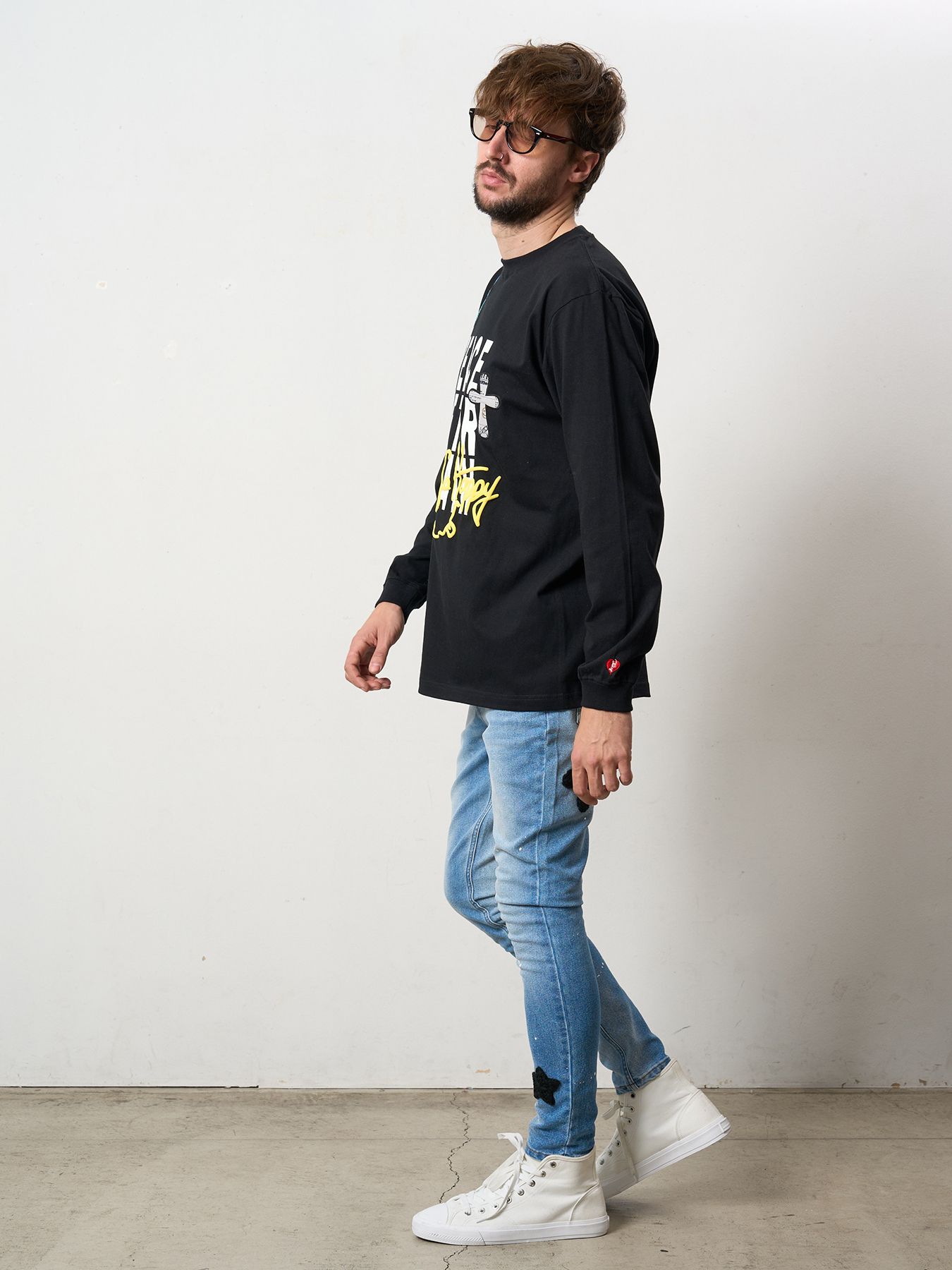 【予約品 5月8日(木) AM10時 締切】 5.6ozコットン天竺 PEACE AFTER DEATH&クロスパッチワーク LS Tシャツ / ブラック
