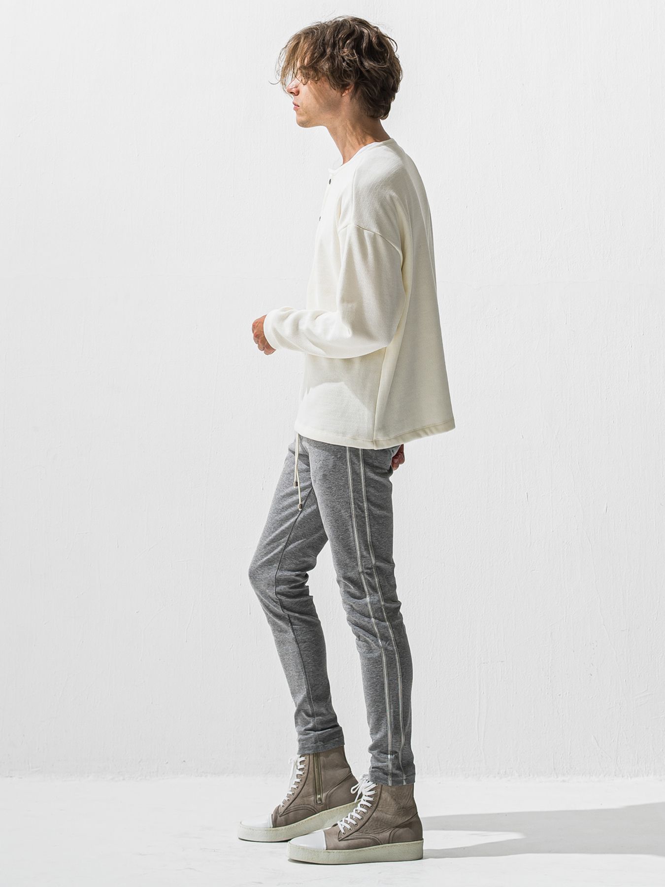 【予約品 9月6日(日) 締切】OVER HENRY VELOURS FLEECE THERMAL / 裏起毛 ハニカムサーマル オーバーサイズヘンリーネック / ホワイト