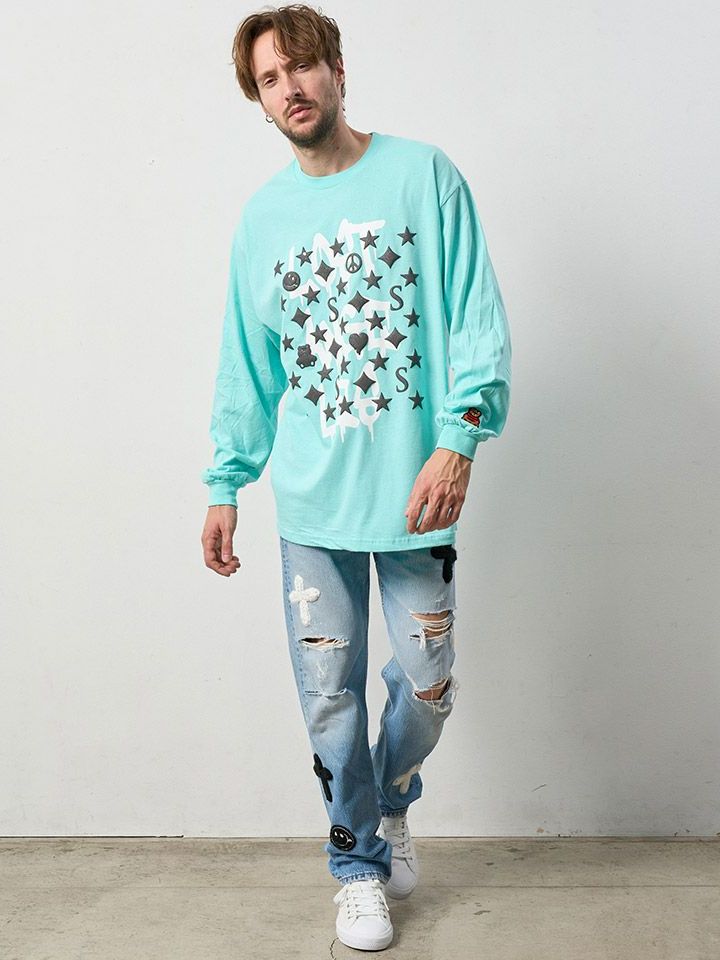 【予約品】 5.6ozコットン天竺 スターグラム発泡プリントTシャツ / ブルー 【STUD MUFFIN(スタッドマフィン)】