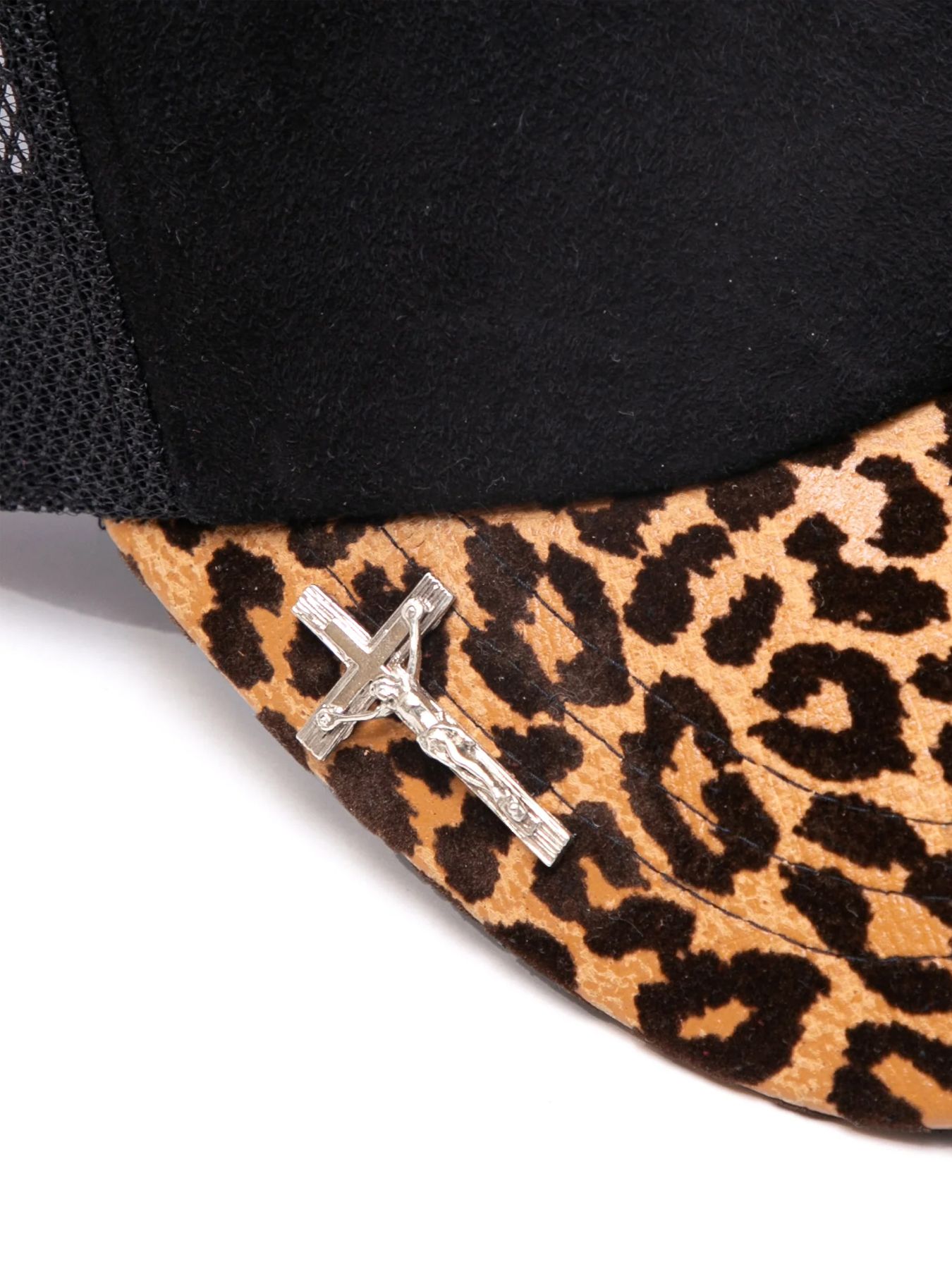 ディア スエード × 豹柄フロッキープリント ピッグ スエード レザーキャップ / BLACK × LEOPARD