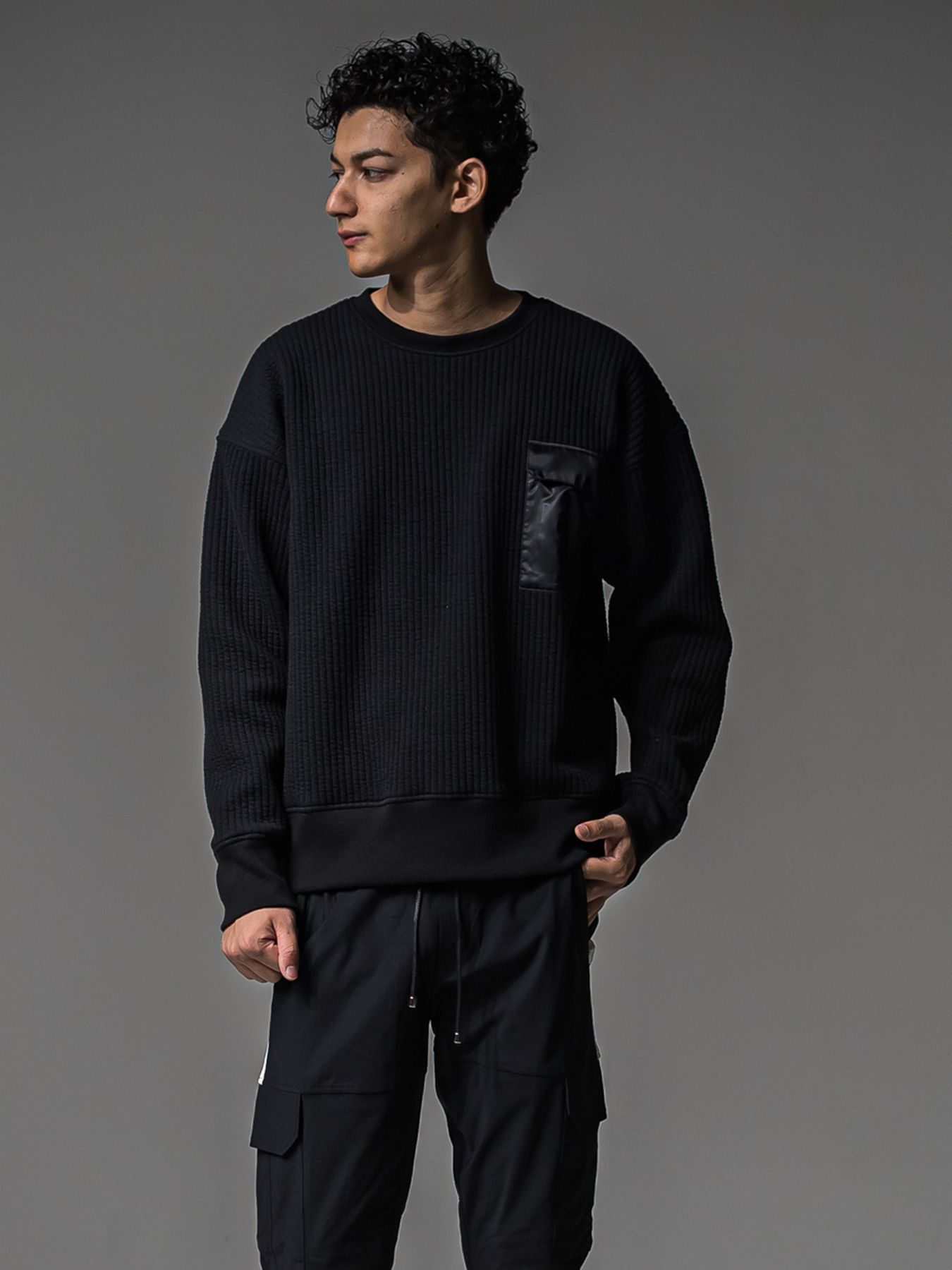 【予約品 】STRIPE QUILTING DROP TRAINER / ストライプキルティング ルーズトレーナー / ブラック