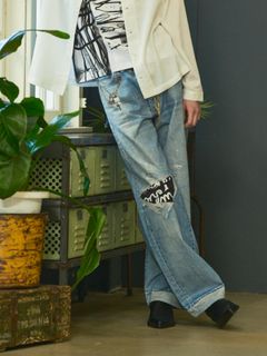 【40周年記念コラボアイテム】RYOYA スタイリング ワイド デニムパンツ：オリジナルバンダナ付き / インディコ