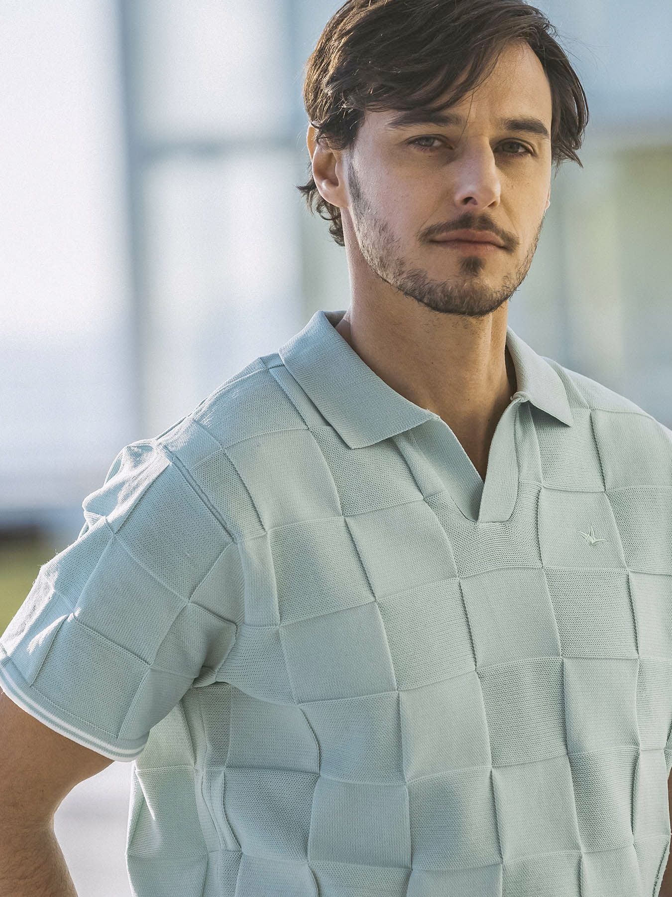 ブロックニット半袖ポロシャツ / サックス