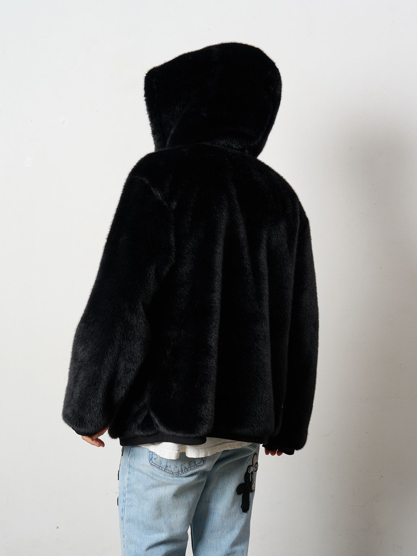 【予約品 】 ECOファー マルチパッチワークビックジップワイドパーカー / ブラック