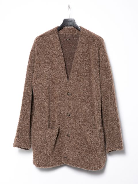 Alpaca Nylon Mixed Woollen Fabric Middle Cardigan / アルパカ ナイロン ドビー シャギー加工 ミドル カーディガン / ブラウン