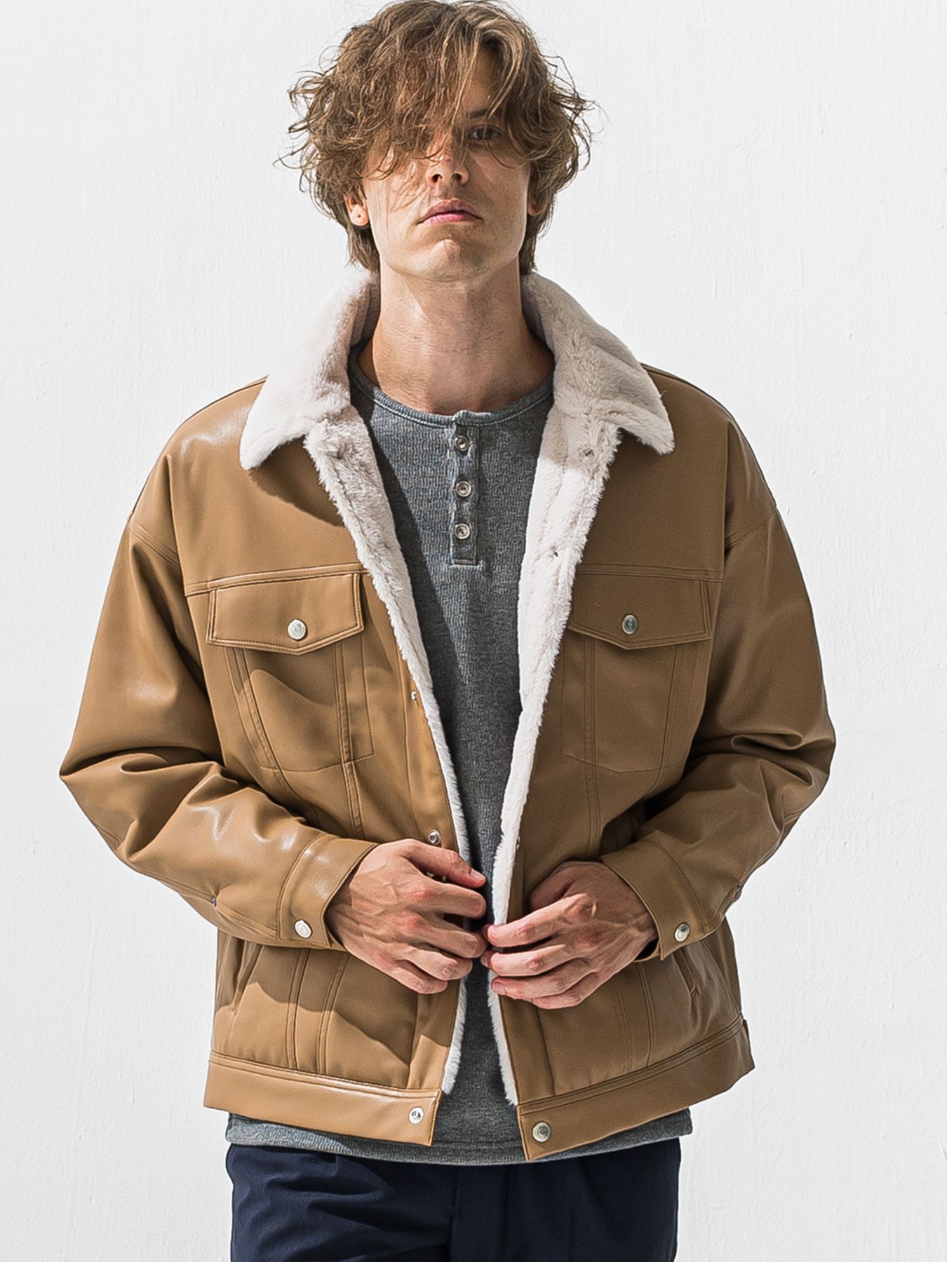 【予約品 9月6日(日) 締切】LEATHER FUR OVER G / レザー ファー オーバー Gジャン / ベージュ