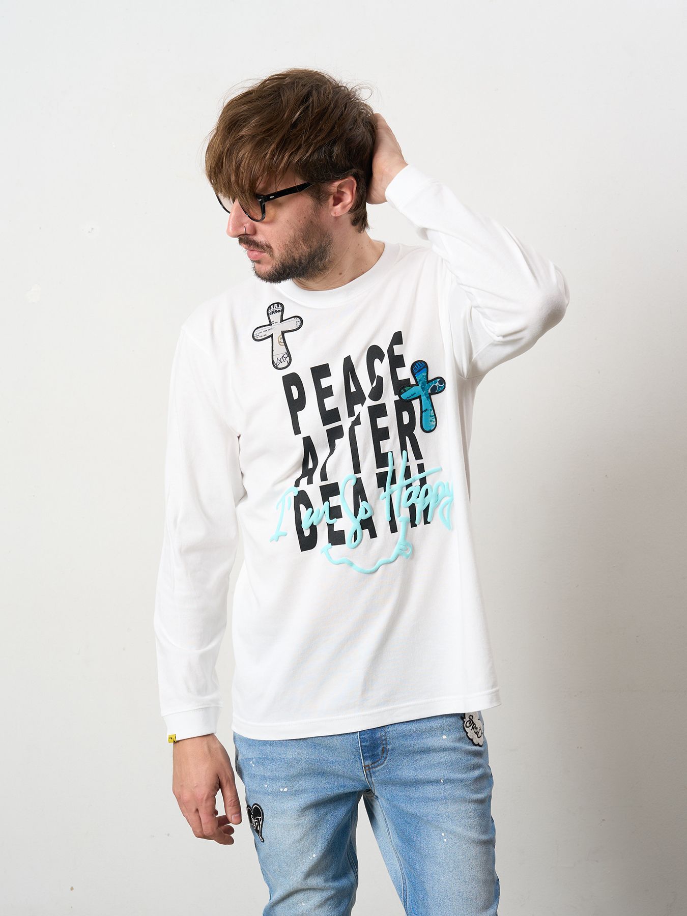 【予約品 5月8日(木) AM10時 締切】 5.6ozコットン天竺 PEACE AFTER DEATH&クロスパッチワーク LS Tシャツ / ホワイト