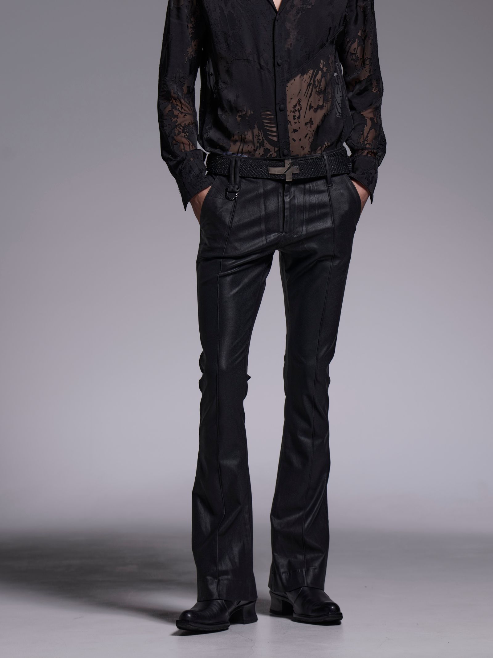 【予約品 1月4日(日) 締切】Coating Flare Skinny Slacks / コーティング フレアスキニースラックス / ブラック