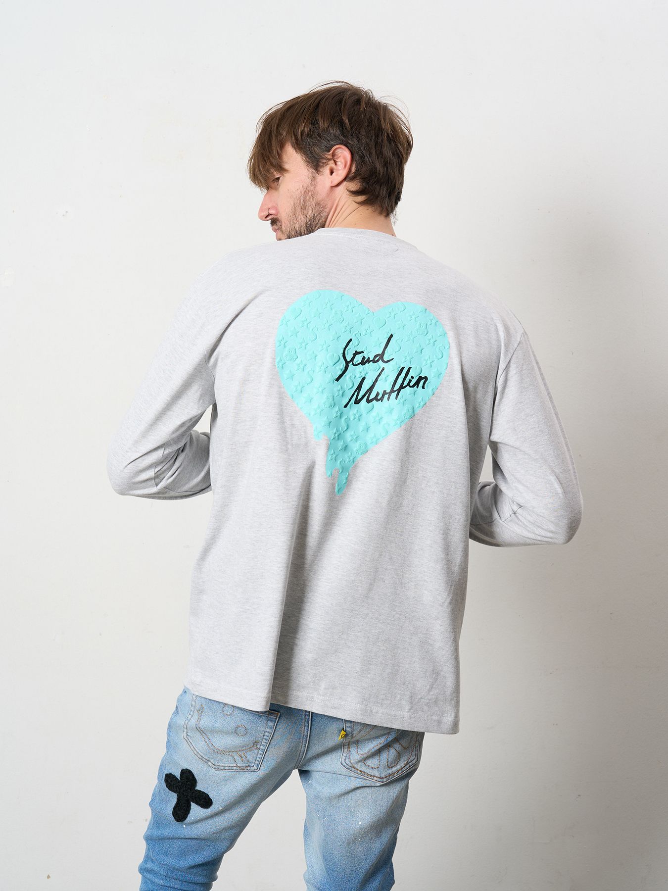 【予約品 5月8日(木) AM10時 締切】 5.6ozコットン天竺 スターグラムハート＆シークインLS Tシャツ / アッシュ