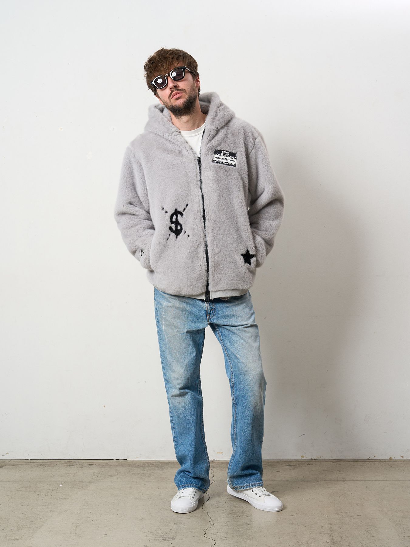 【予約品 5月8日(木) AM10時 締切】 ECOファー マルチパッチワークビックジップワイドパーカー / M.グレー