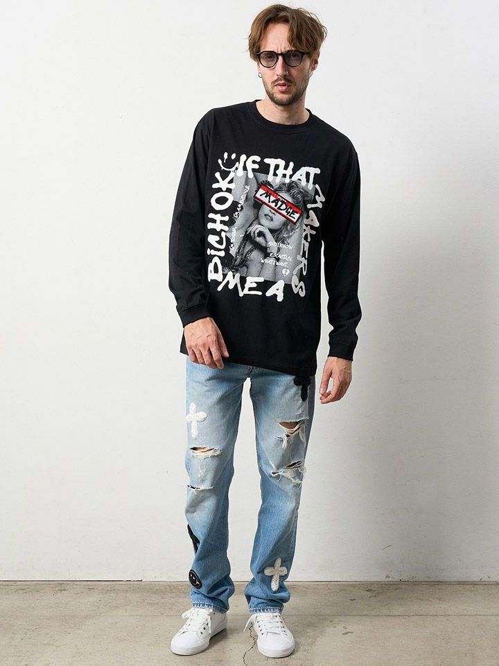 【予約品】 5.6ozコットン天竺 MADGEシークインLS Tシャツ / ブラック 【STUD MUFFIN(スタッドマフィン)】