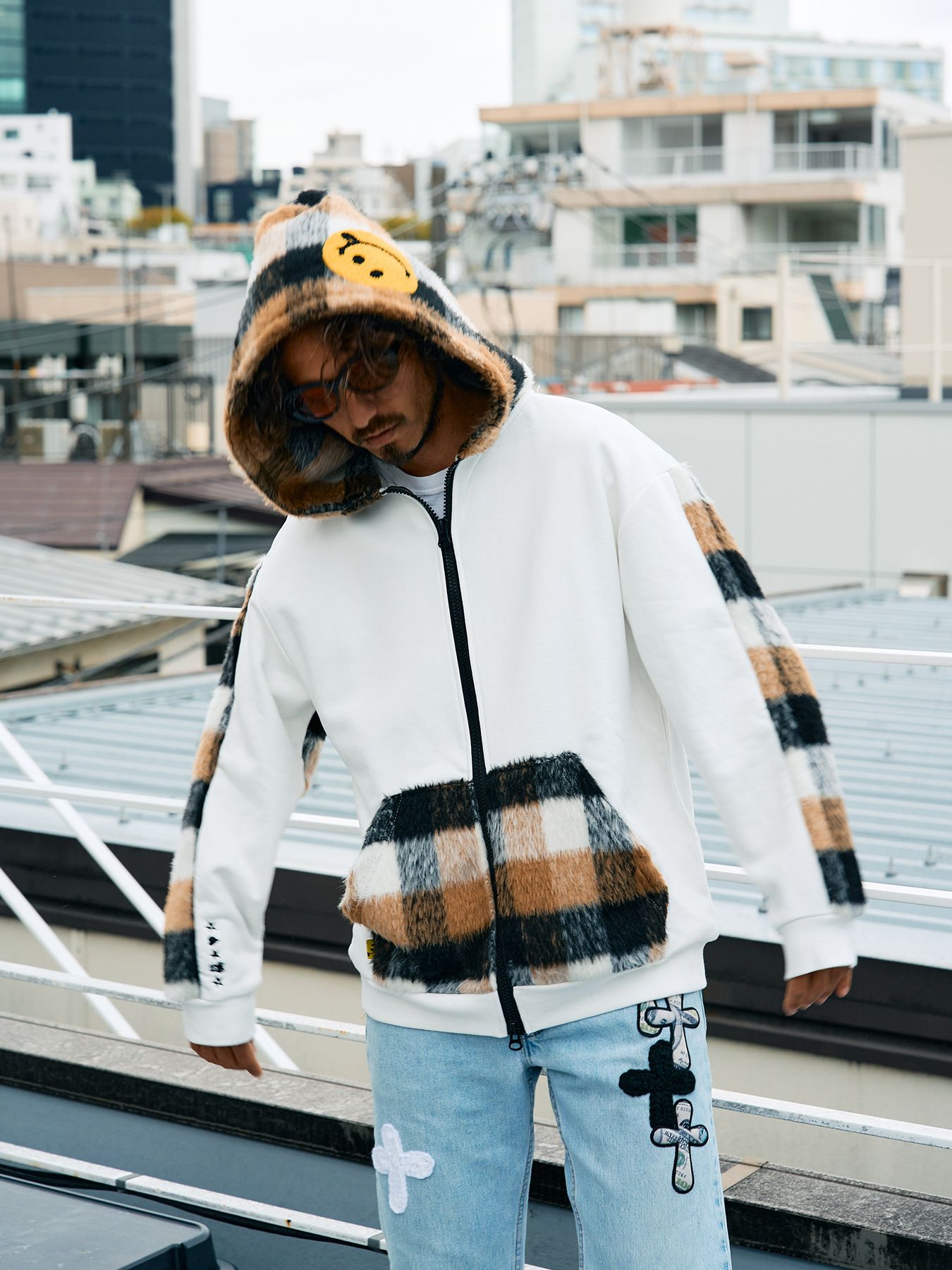 【予約品 5月8日(木) AM10時 締切】 ヘビーウエイト裏毛パイル-シャギーチェックサガラパッチワーク ビックジップワイドパーカー / ホワイト