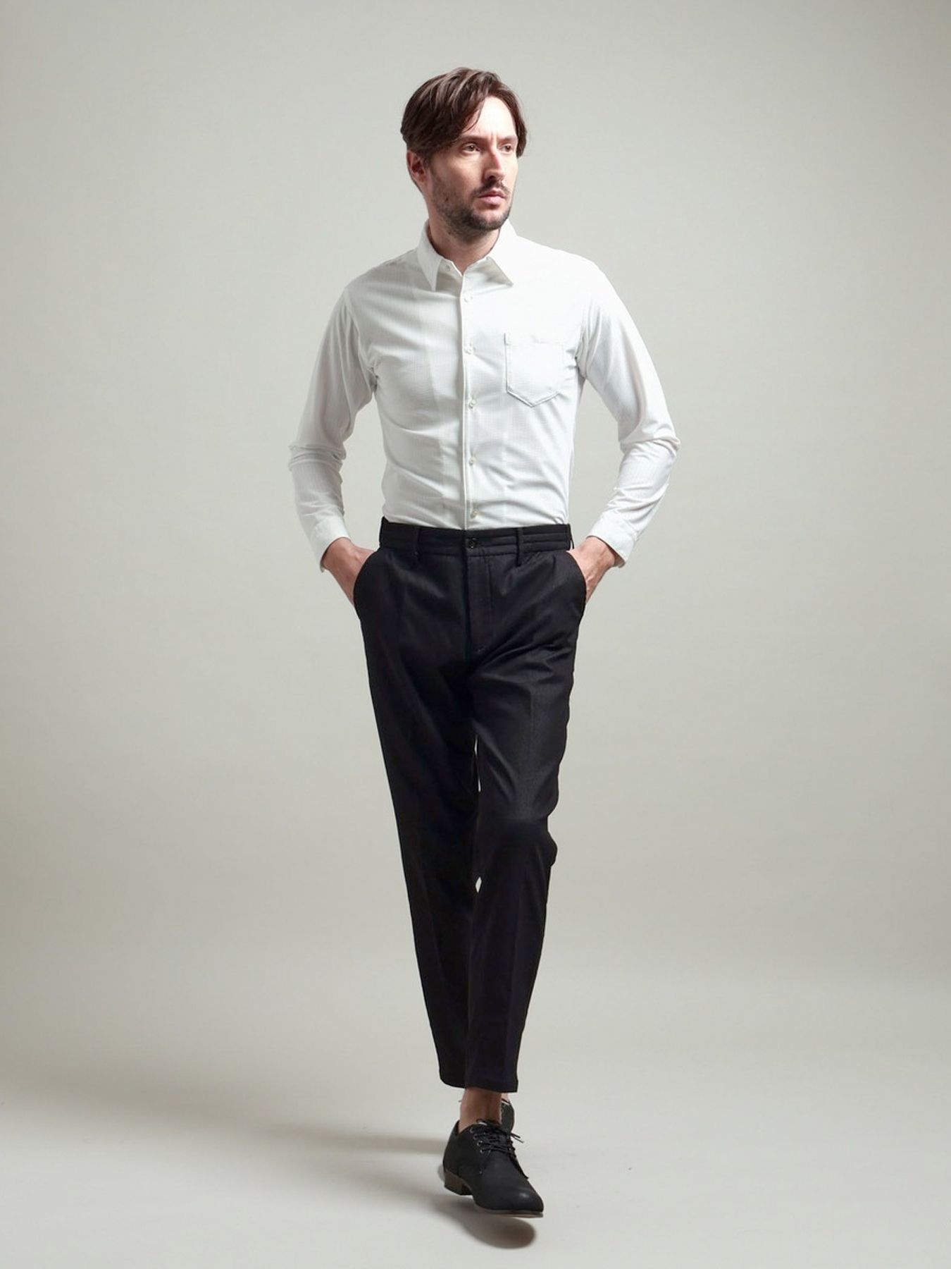 シアーマイクロチェックレギュラーカラーシャツ / ホワイト 【HIDEAWAYS BLACK】