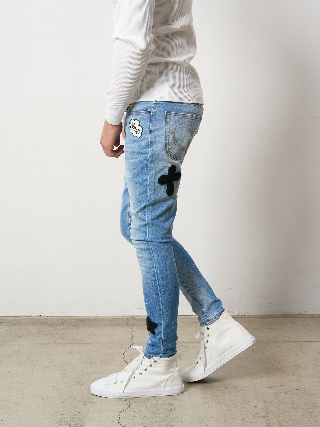 【予約品 】 11ozストレッチデニム マルチパッチワーク& ペインティング 5Pパンツ / ブラック