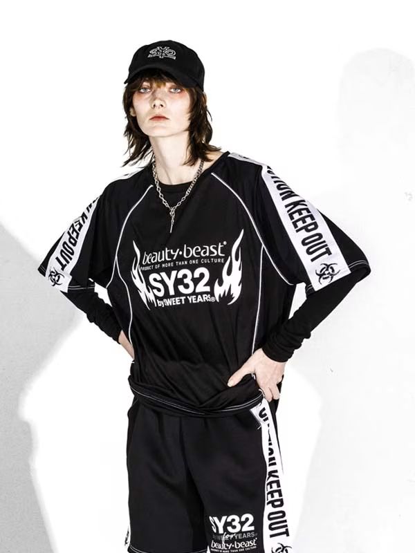 Wネームコラボ beauty:beast ×SY32  SWITCHING Tシャツ / ブラック×ホワイト【SY32 by SWEET YEARS】