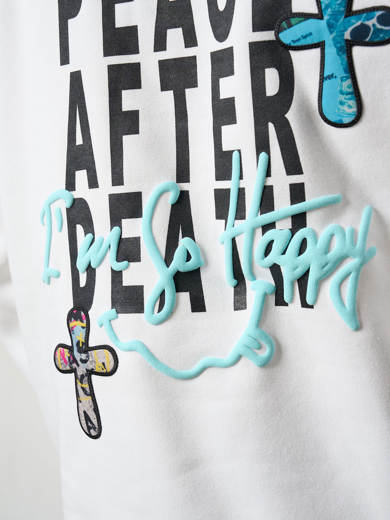 【予約品 5月8日(木) AM10時 締切】 TC裏毛起毛 PEACE AFTER DEATH&マルチパッチワーク プルパーカー / ホワイト