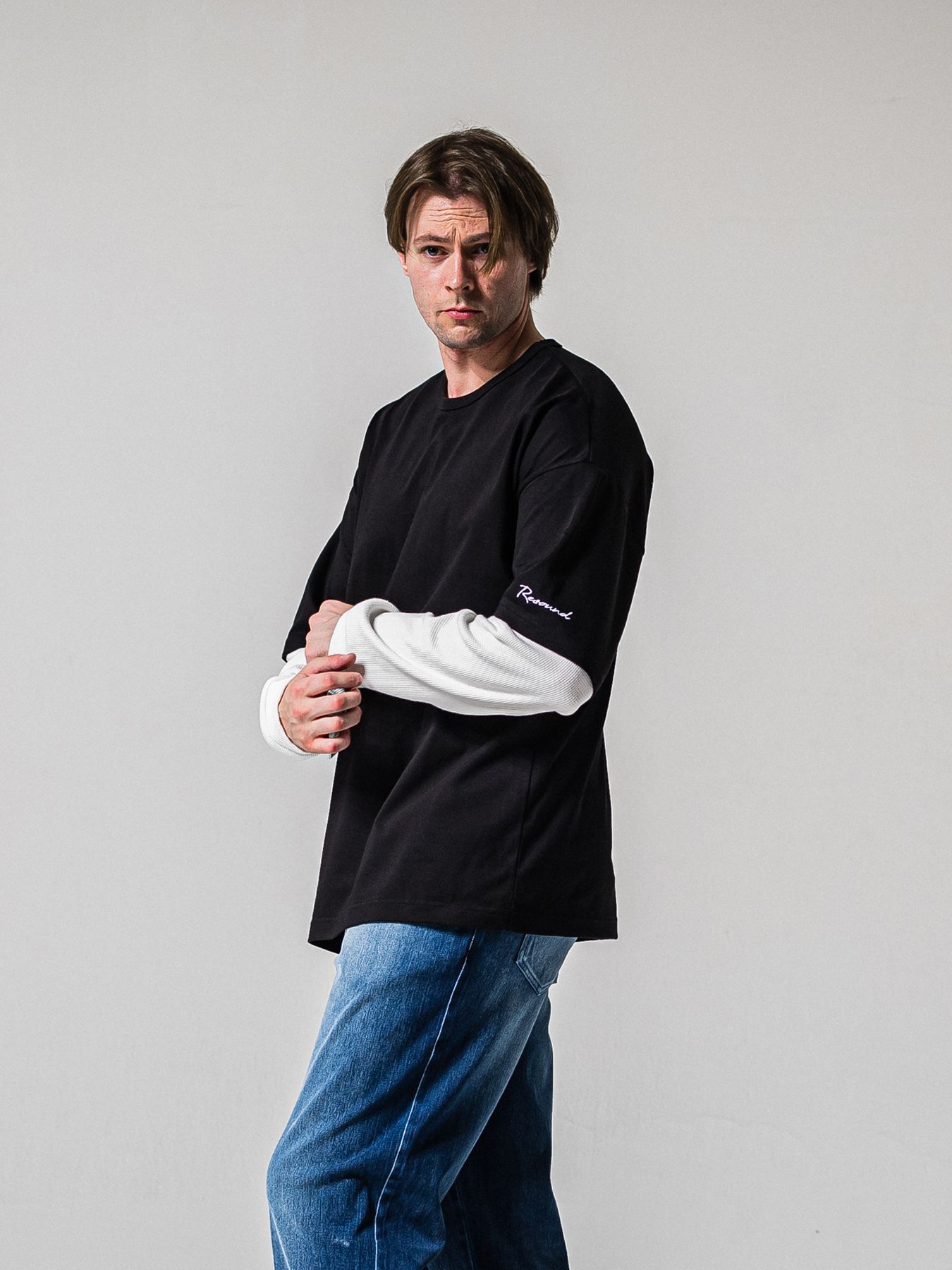 【予約品 11月16日(日) 締切】FAKE LAYERED WAFFLE LONGSLEEVE / フェイクレイヤード ワッフル ロングスリーブTシャツ / ブラック×ホワイト