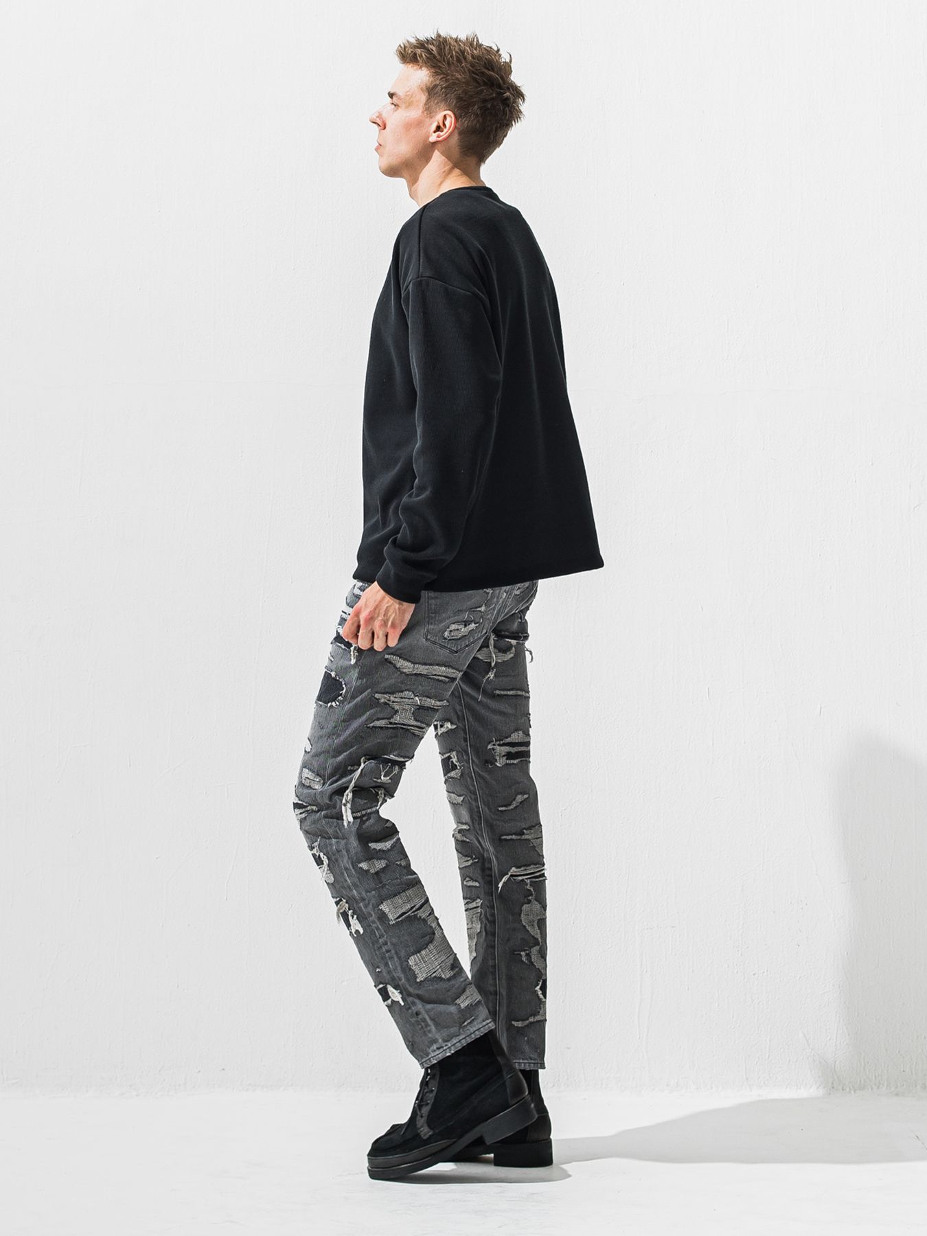 【予約品 9月6日(日) 締切】OVER HENRY VELOURS FLEECE THERMAL / 裏起毛 ハニカムサーマル オーバーサイズヘンリーネック / ブラック