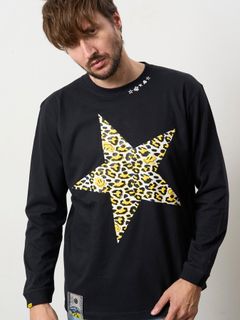 【予約品 5月8日(木) AM10時 締切】 5.6ozコットン天竺 レオパードスタースマイル発泡プリント LS Tシャツ / ブラック