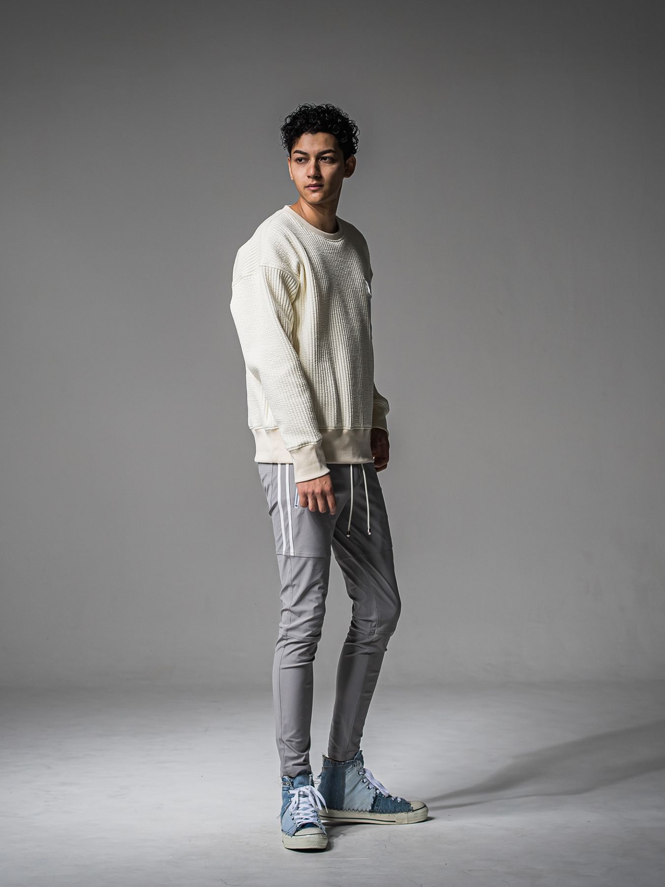 【予約品 】STRIPE QUILTING DROP TRAINER / ストライプキルティング ルーズトレーナー / オフ