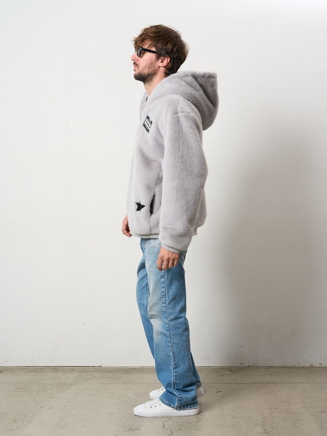 【予約品 5月8日(木) AM10時 締切】 ECOファー マルチパッチワークビックジップワイドパーカー / M.グレー