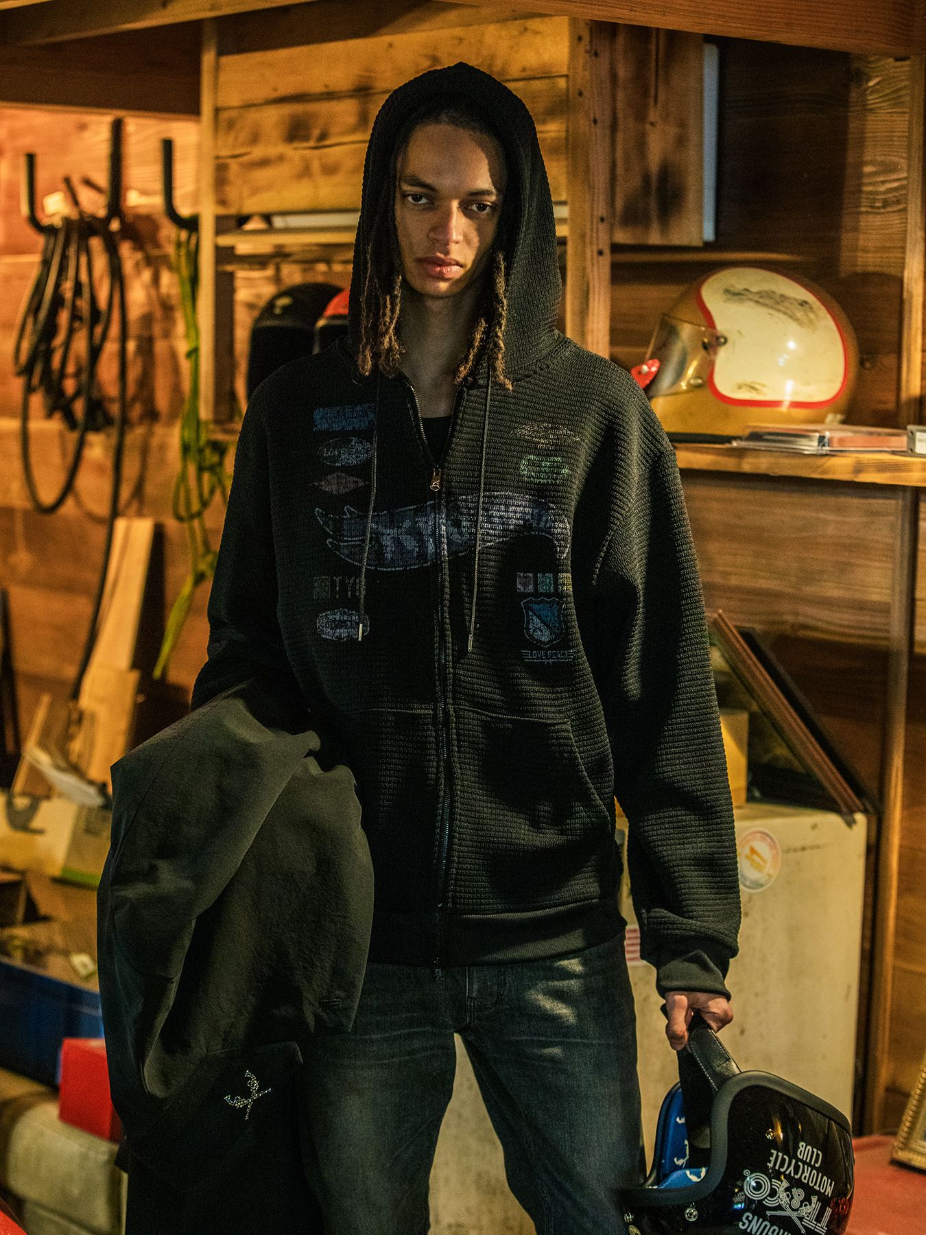 【予約品 3月9日(月) 18:00 締切】PRINT WAFFLE HOODIE / プリント ビッグワッフル ジップフーディ  / ブラック