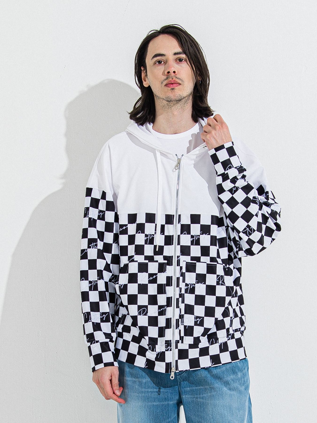 【予約品 】RASH OVER ZIPUP HOODIE / ラッシュガード オーバーサイズジップアップパーカー / チェッカーフラッグ