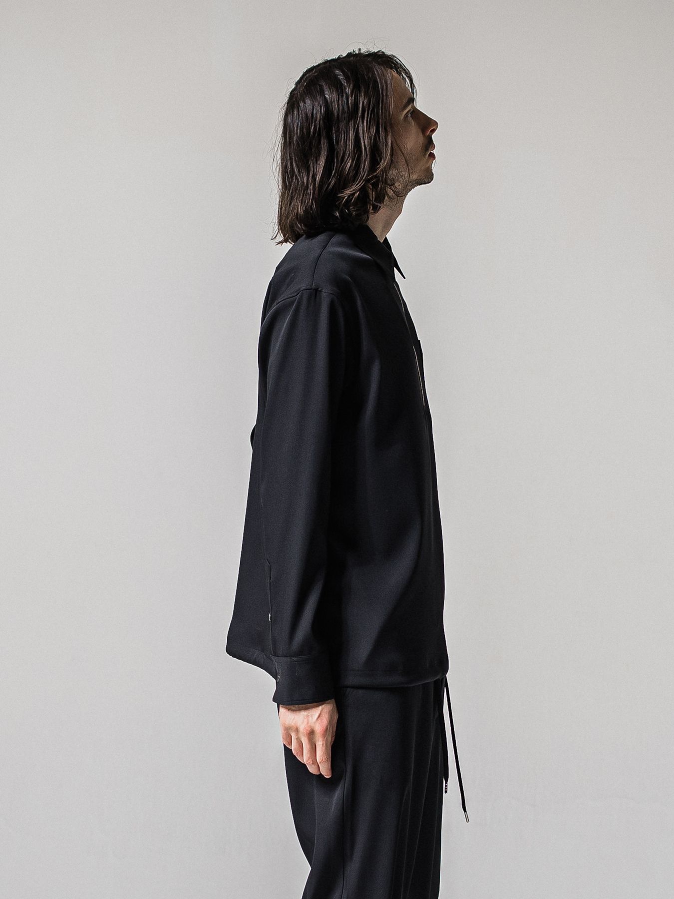 【予約品 11月16日(日) 締切】PULL OVER SATIN SHIRT / ジッププルオーバー サテンシャツ / ブラック