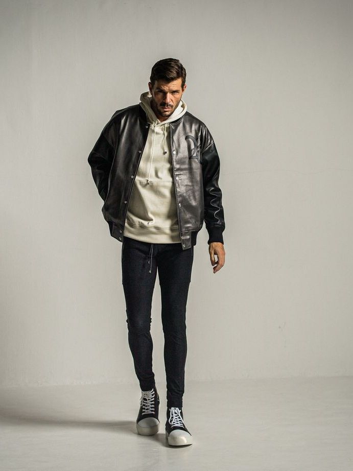 《予約9月1日18時締め》 leather Varsity jacket  / エコレザースタジャン / グレー