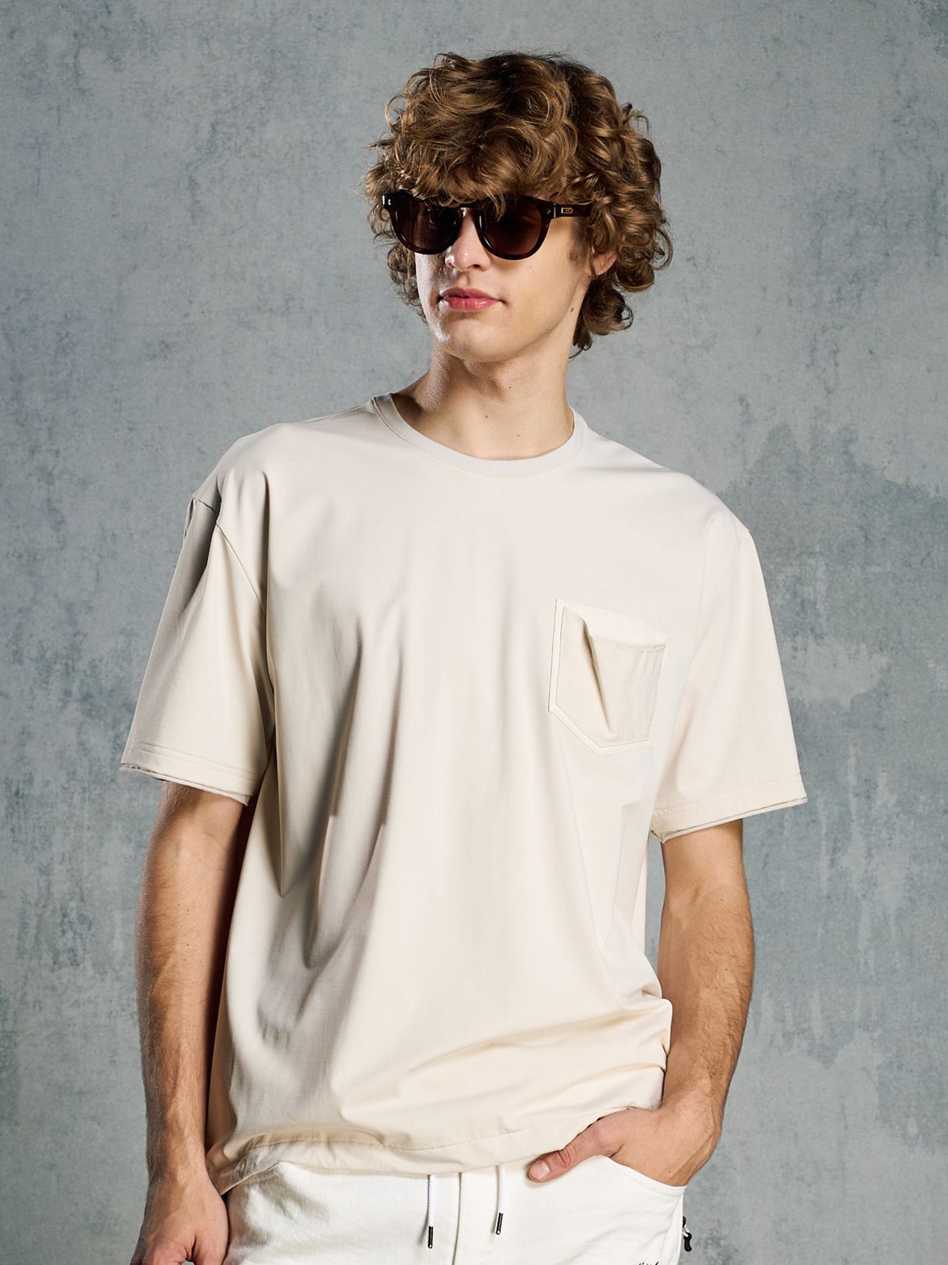 【予約品 1月25日(日) 締切】drawstring leather pocket S/S / ドローストリング レザーポケット ショートスリーブ / ライトベージュ